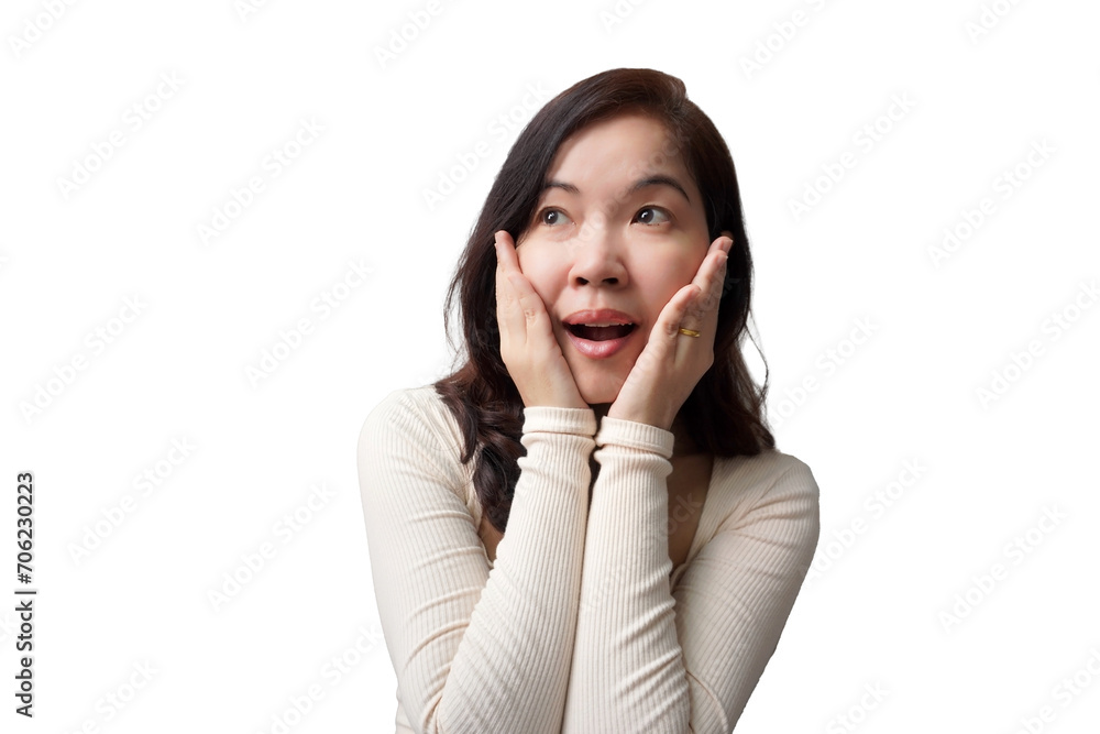 Portrait of a woman excite expression , Head held high with eyebrows raised in disbelief Portrait of a woman excite expression , Head held high with eyebrows raised in disbelief