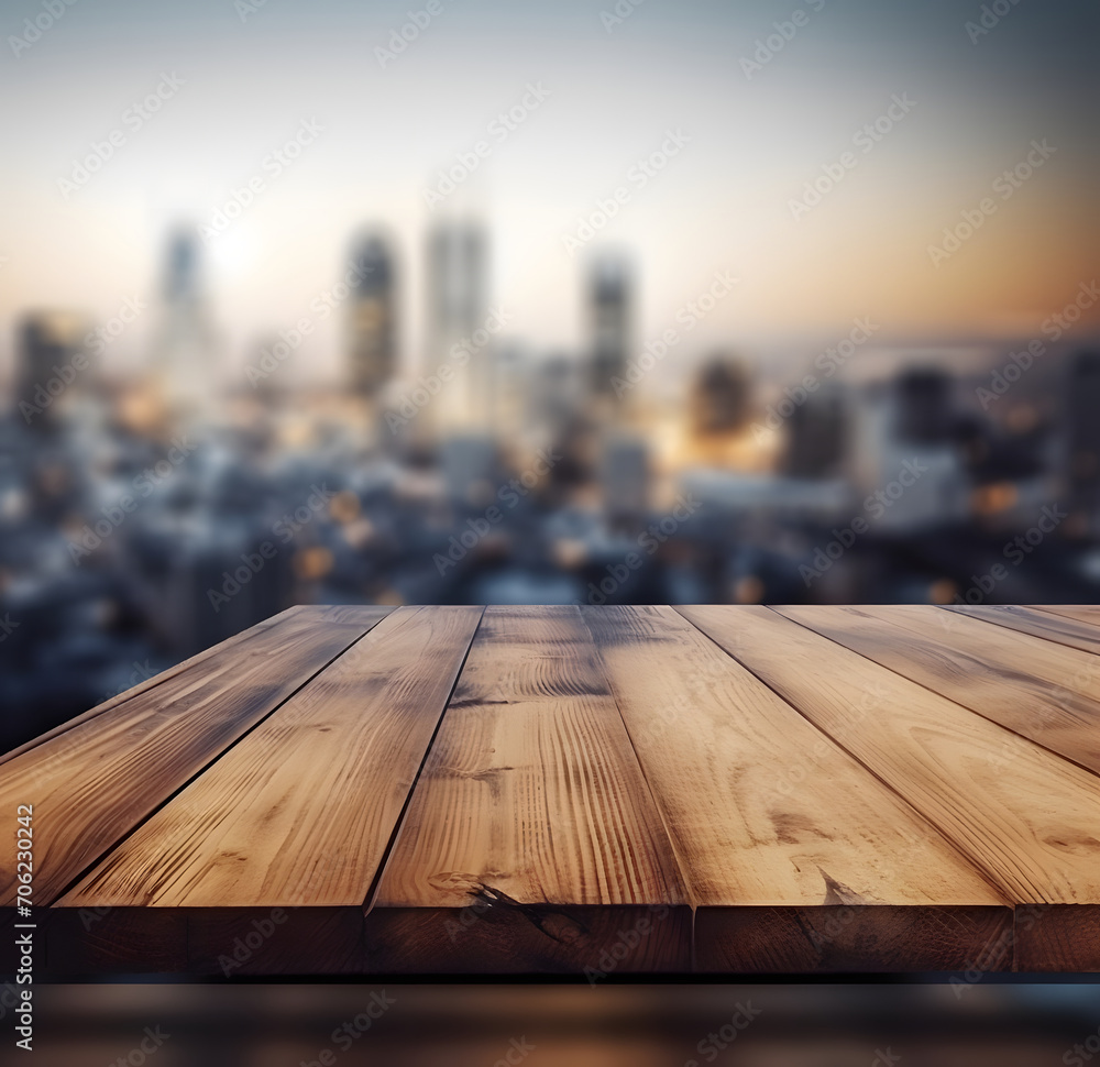 The empty wooden table top with blur background of downtown business district The empty wooden table top with blur background of downtown business district