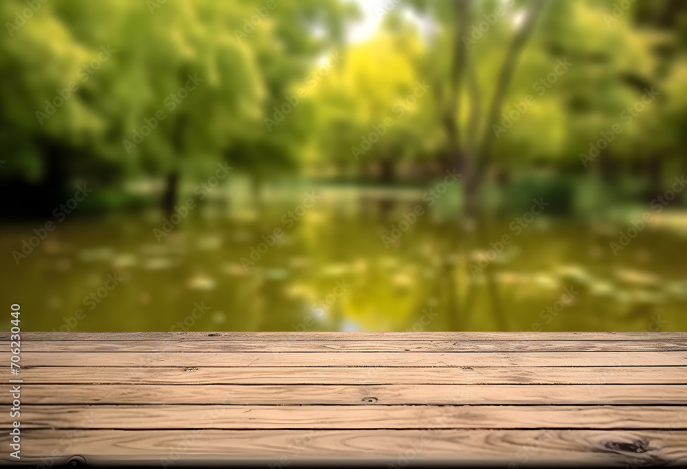 empty wooden table with blurry forest river background