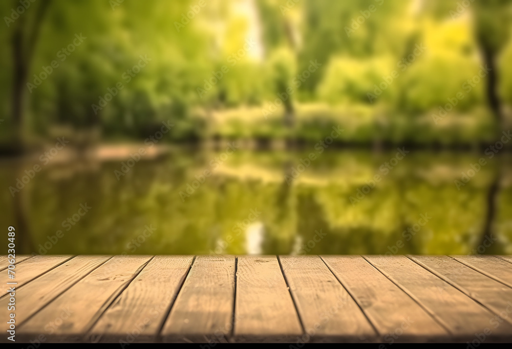 empty wooden table with blurry forest river background empty wooden table with blurry forest river background