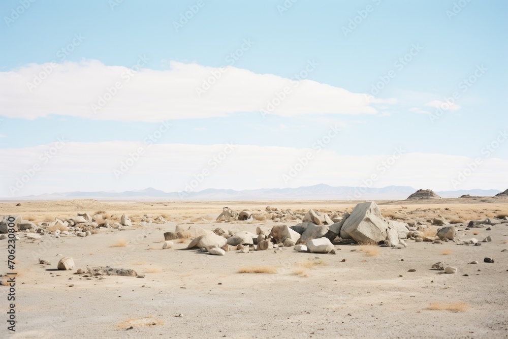 bleak landscape with scattered rocks and sparse vegetation