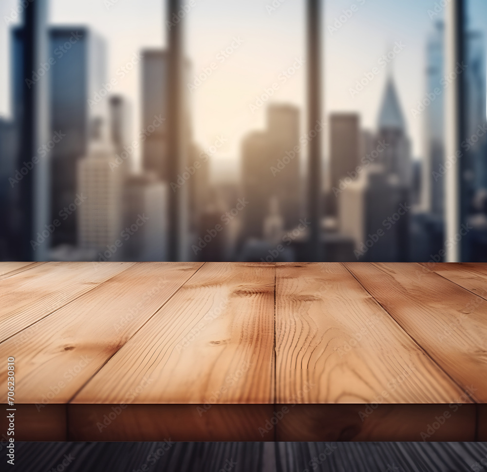 The empty wooden table top with blur background of downtown business district The empty wooden table top with blur background of downtown business district