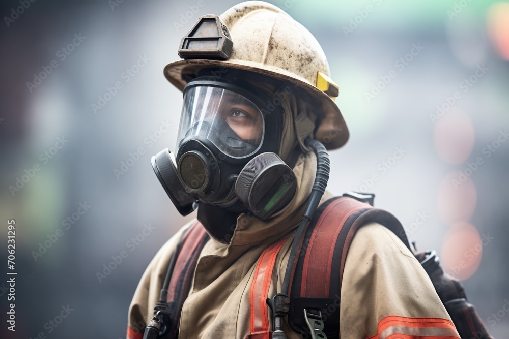 firefighter wearing protective mask amidst smoke