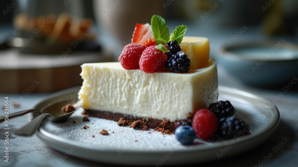 a piece of cheesecake on a plate with berries and other fruits on top of the cheesecake on the plate. a piece of cheesecake on a plate with berries and other fruits on top of the cheesecake on the plate.