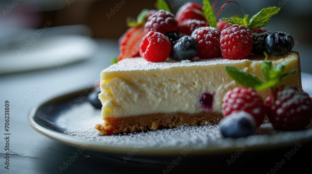 a piece of cheesecake with berries and powdered sugar on a black plate with a green leaf on top. a piece of cheesecake with berries and powdered sugar on a black plate with a green leaf on top.