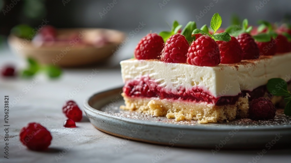 a piece of cake with raspberries on top of it on a plate next to a bowl of raspberries. a piece of cake with raspberries on top of it on a plate next to a bowl of raspberries.
