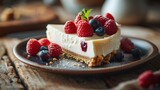  a piece of cheesecake with raspberries and blueberries on top on a plate on a wooden table.