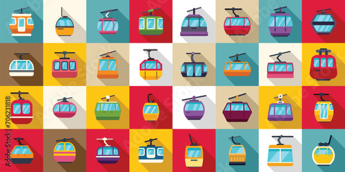 Ski lift icons set flat vector. Winter slope resort. Hill up action