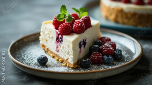  a piece of cheesecake with raspberries and blueberries on a plate next to another piece of cheesecake.