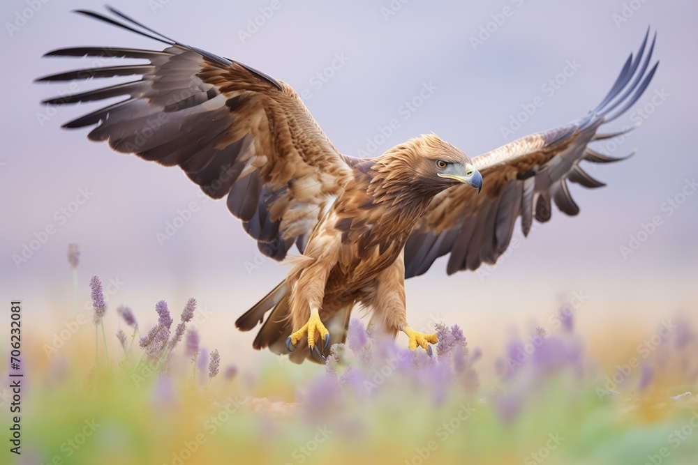 golden eagle in a dynamic pose amid wildflowers golden eagle in a dynamic pose amid wildflowers