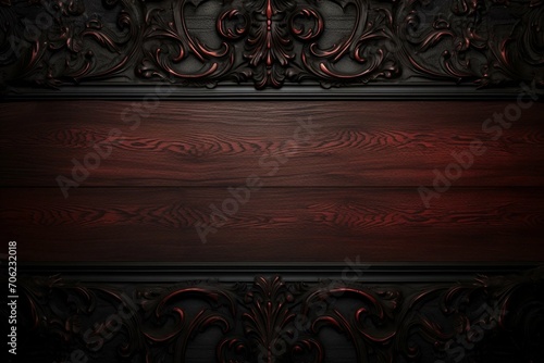 Blood-Red and Black Wood Panel Wall Decorated With a Filigree Pattern Background photo