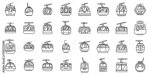 Ski lift icons set outline vector. Winter slope resort. Hill up action