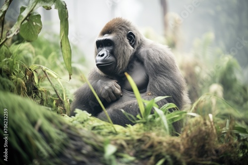 gorilla resting in lush  foggy vegetation