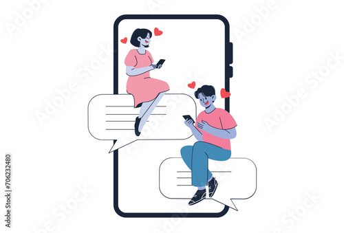 Dating App Concept Illustration. Happy Couple Chatting on Dating App Illustration
