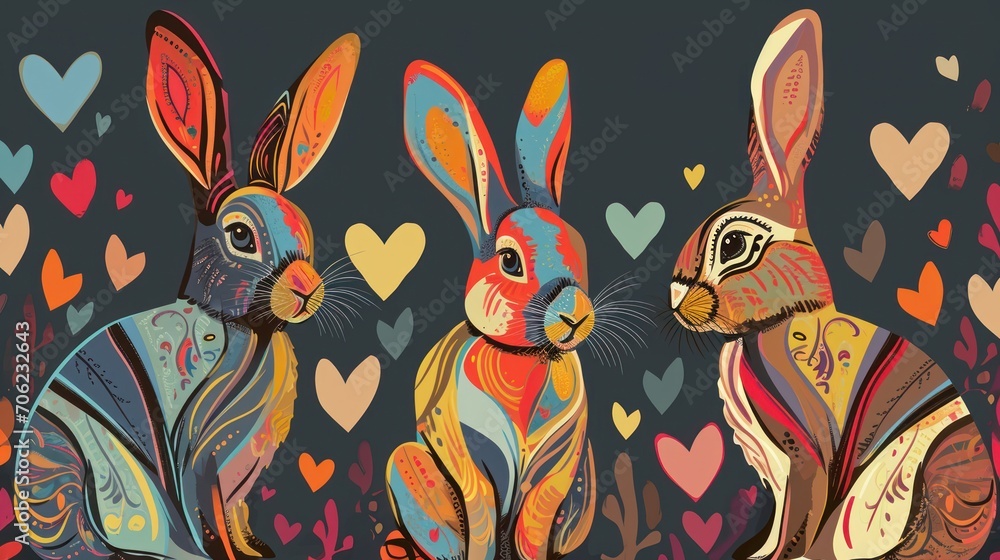  a couple of bunnies sitting next to each other on top of a field of heart - shaped hearts on a black background.