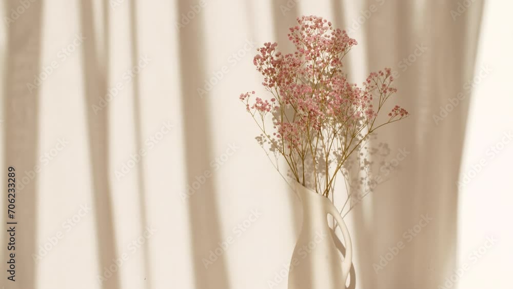 Light and shadows of waving white tulle near the window. Pink flowers in a vase. Transparent soft light and shadow on wall. Product presentation, advertising. High quality 4k footage Light and shadows of waving white tulle near the window. Pink flowers in a vase. Transparent soft light and shadow on wall. Product presentation, advertising. High quality 4k footage