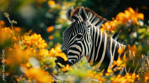  a close up of a zebra in a field of wildflowers with yellow flowers in the foreground and trees in the background.