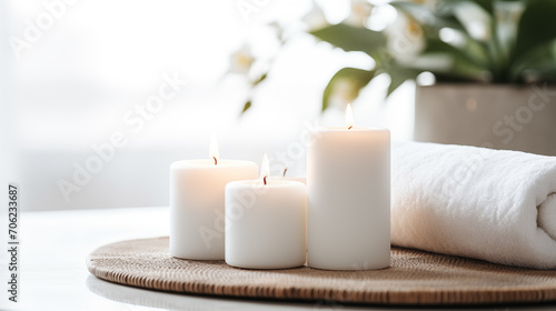 Tranquil Ambiance, Three Pillar Candles and Fresh Towel on Woven Mat for Luxury Beauty, Cosmetic, Skincare, Body Care, Aromatherapy, Spa Product Display Background