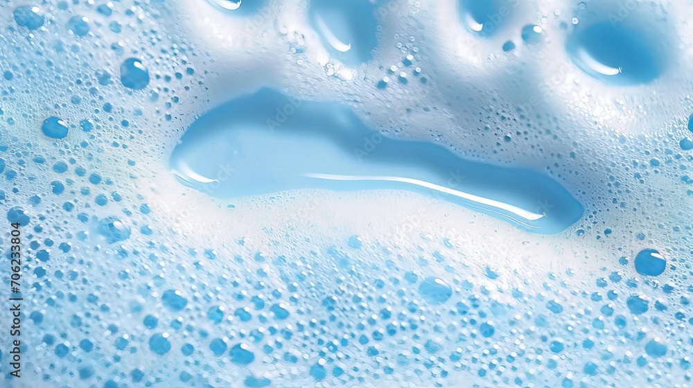 Soap, shampoo, shower gel, mousse foam texture closeup. White foam bubbles on soft blue background. AI generated image. Soap, shampoo, shower gel, mousse foam texture closeup. White foam bubbles on soft blue background. AI generated image.