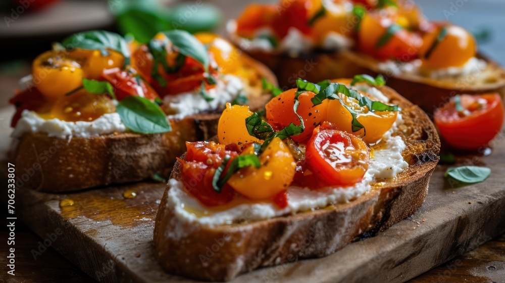 a wooden cutting board topped with slices of bread covered in cheese and veggies and garnishes. a wooden cutting board topped with slices of bread covered in cheese and veggies and garnishes.