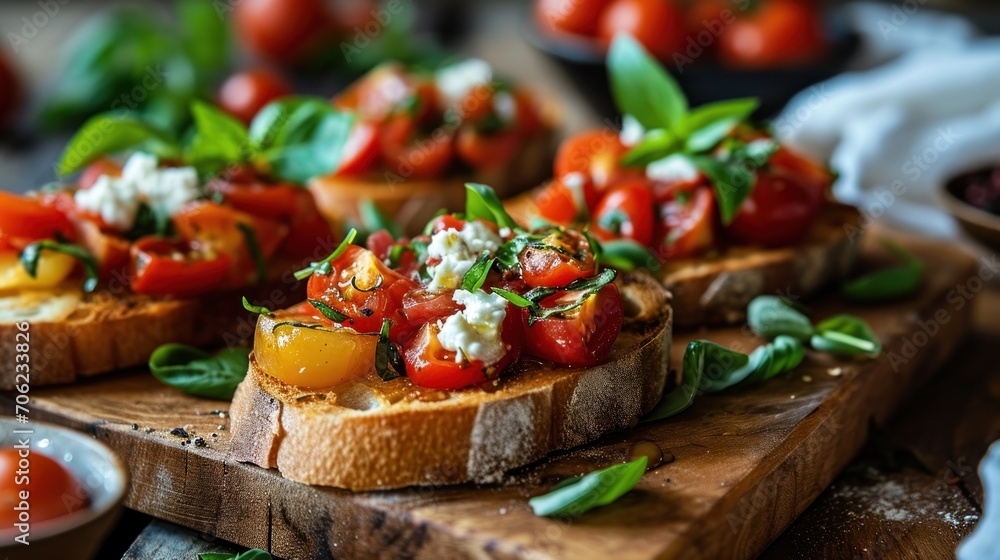 a wooden cutting board topped with slices of bread topped with tomatoes and feta cheese on top of lettuce. a wooden cutting board topped with slices of bread topped with tomatoes and feta cheese on top of lettuce.