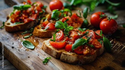  a wooden cutting board topped with slices of bread covered in fresh tomatoes and basil on top of a wooden cutting board.