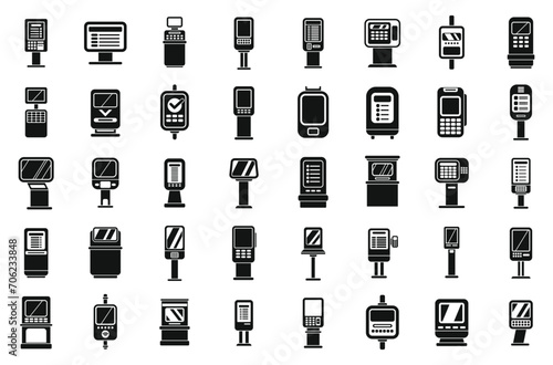 Ticket terminal icons set simple vector. City security. Self info screen