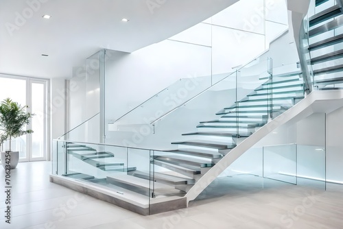 Modern white staircase with glass banister 