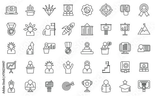 Personal Growth Training icons set outline vector. Self development. Care study