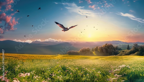 Fototapeta Naklejka Na Ścianę i Meble -  beautiful panorama rural landscape with sunrise and blossoming meadow