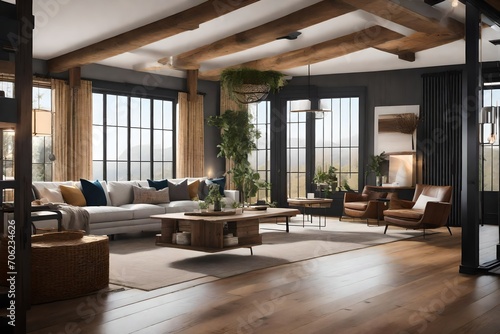 Seamlessly connect the farmhouse living room to outdoor spaces, allowing nature to become an integral part of the design, with a wooden staircase serving as a transition. photo