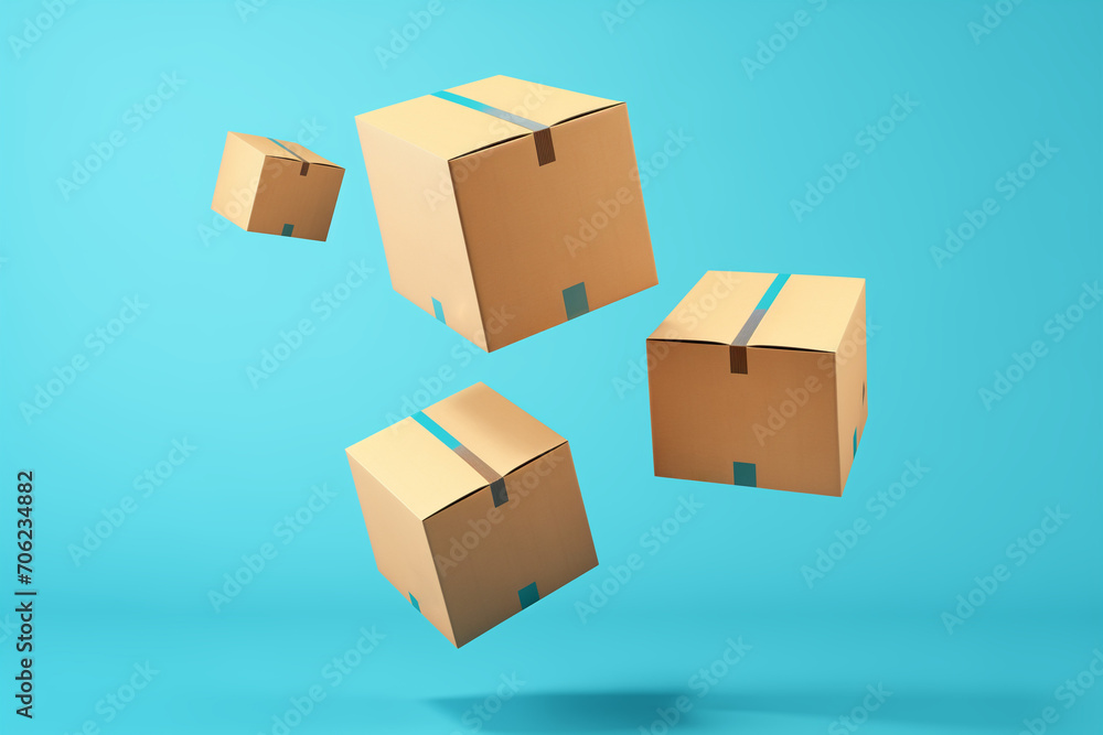 Pile of various size taped up cardboard boxes isolated on turquoise blue background. Pile of various size taped up cardboard boxes isolated on turquoise blue background.