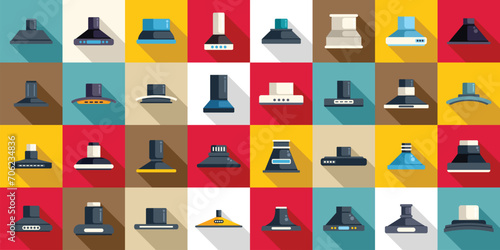 Kitchen hood icons set flat vector. Chimney vent air. Cooking house