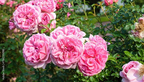Bush of roses flowering in ornamental garden  with copy space