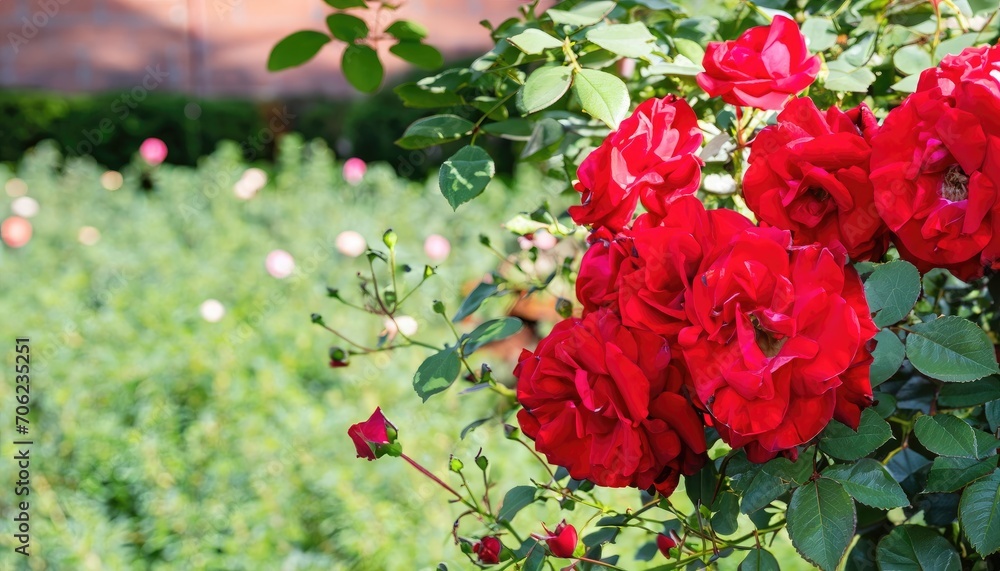Bush of roses flowering in ornamental garden, with copy space Bush of roses flowering in ornamental garden, with copy space