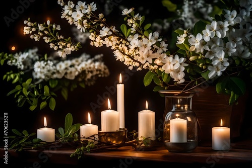 Illustrate a scene of tranquil illuminated petals in the garden with a white flowering branch and three white candle lights, establishing a contemplative atmosphere.