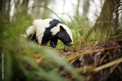 skunk searching through underbrush near woods