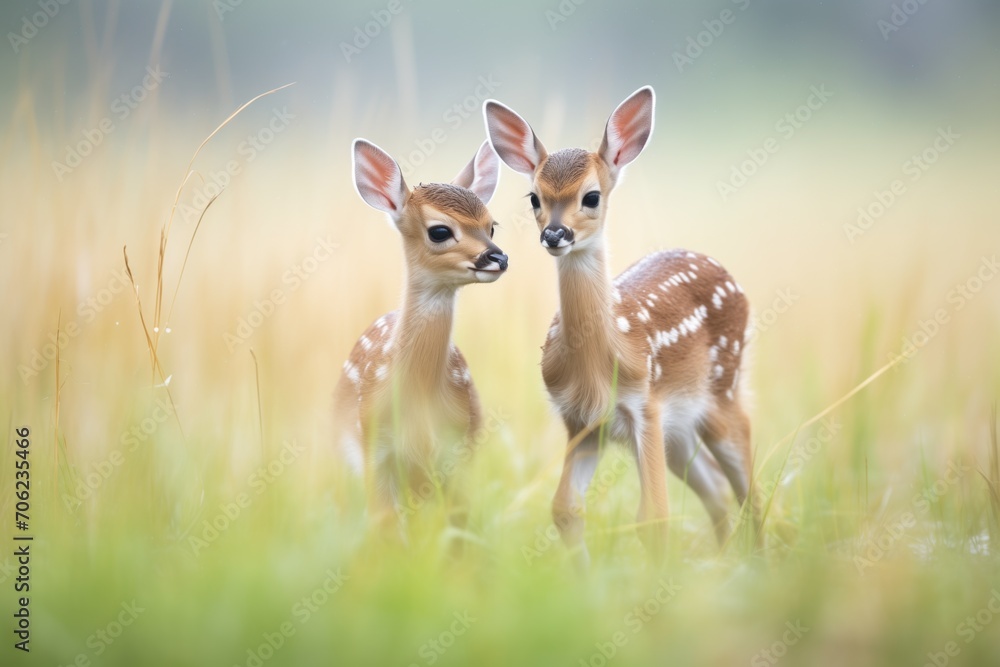 Obraz premium young springbok fawns playing in savanna field