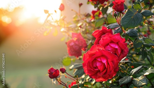 Fototapeta Naklejka Na Ścianę i Meble -  Bush of roses flowering in ornamental garden, with copy space