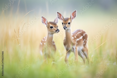 young springbok fawns playing in savanna field © primopiano