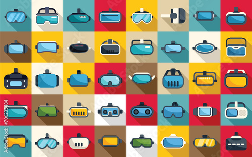 Virtual reality helmet icons set flat vector. Game vr. Glasses simulator