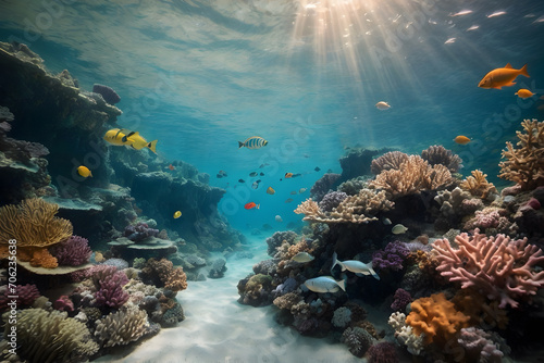 A scene of underwater coral reefs with tiny little fishes