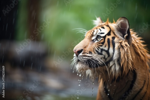 tiger with fur wet from rain in a monsoon forest