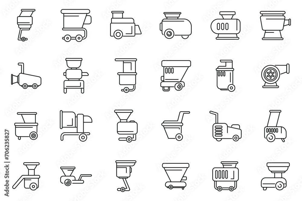 Garden shredder icons set outline vector. Wood tree cut. Trimmer mower Garden shredder icons set outline vector. Wood tree cut. Trimmer mower