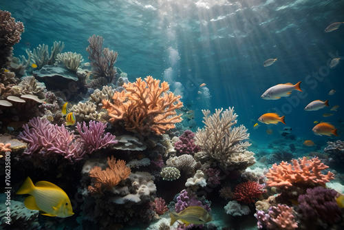 A scene of underwater coral reefs with tiny little fishes