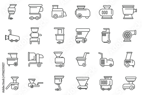 Garden shredder icons set outline vector. Wood tree cut. Trimmer mower