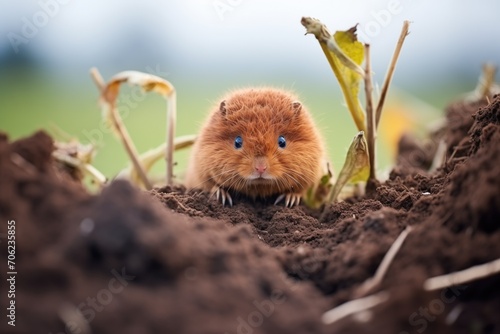 vole perched on a mound of earth in a field photo