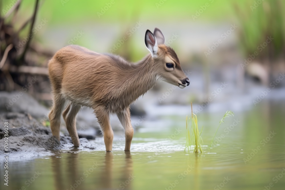 Fototapeta premium waterbuck calf playing at river edge