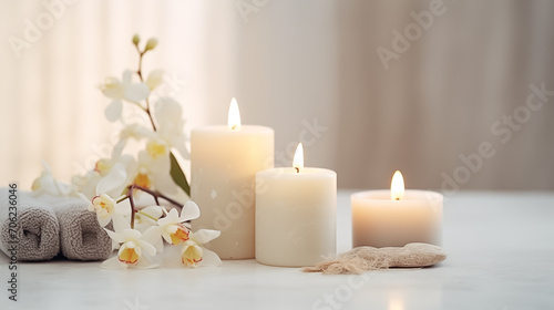 Soothing Serenity, Vanilla Candles and Orchids with Fluffy Towels for Luxury Beauty, Cosmetic, Skincare, Body Care, Aromatherapy, Spa Product Display Background