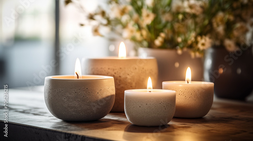 Concrete Bowl Candles and Fresh Blossoms for Luxury Beauty  Cosmetic  Skincare  Body Care  Aromatherapy  Spa Product Display Background Tranquil Ambiance